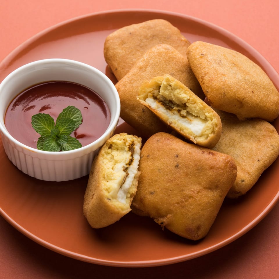 Zaika's paneer pakora, golden-fried Indian cheese fritters, served with a side of red dipping sauce.